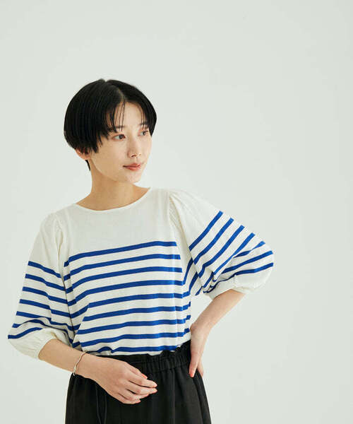 SALON adam et rope' サロンアダムエロペ【UVケア】ボリュームスリーブボーダープルオーバー フリーサイズ 美品