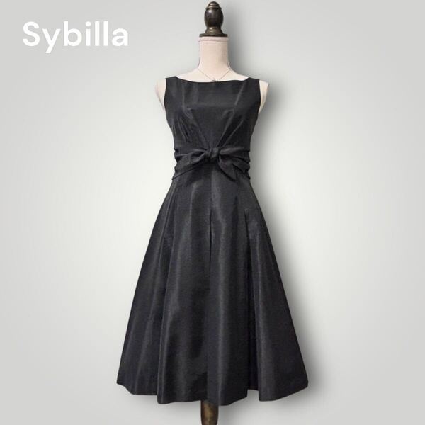 1628 美品【Sybilla/シビラ】ウェストリボン タフタ ノースリーブワンピース ドレス M 黒 セレモニー パーティ キャバドレ 発表会