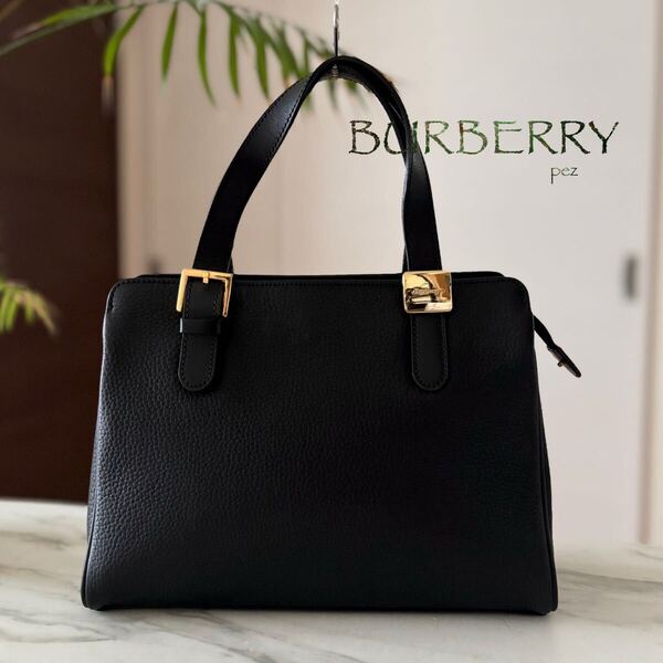 極美品 BURBERRY バーバリー レザートートバッグ*ノバチェック レディース 牛革 本革 ブラック 黒 ハンド フォーマル 冠婚葬祭