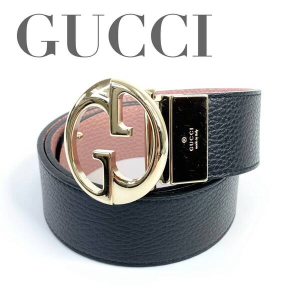 GUCCI グッチ 450000 GGロゴバックル インターロッキング リバーシブル レザーベルト ブラック×ピンク ゴールド金具