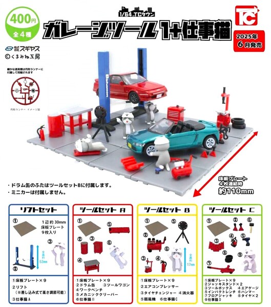 即決》1/64 TCタウン ガレージツール1+仕事猫【全4種ノーマルコンプセット】送料無料 新品未開封 匿名配送 ミニカージオラマ 現場猫 ネコ