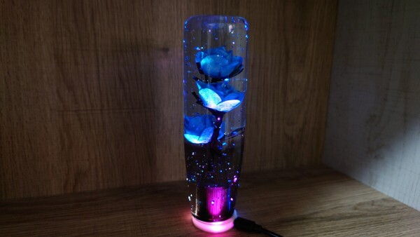 水中花シフトノブ薔薇銀箔LEDイルミネーション15cm 青 デコトラ 軽トラ 旧車 街道レーサー カスタムカー ドリフト シフトノブ延長