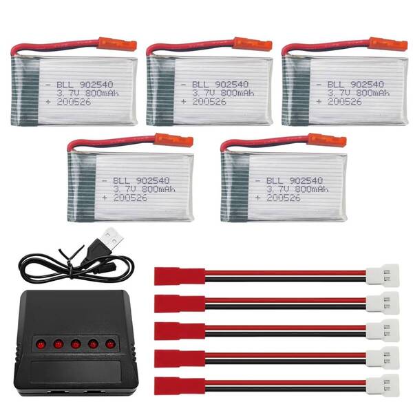 Lipoバッテリー 902540 3.7V 800mAh 5個セット 変換ケーブル、充電器付き ドローン等