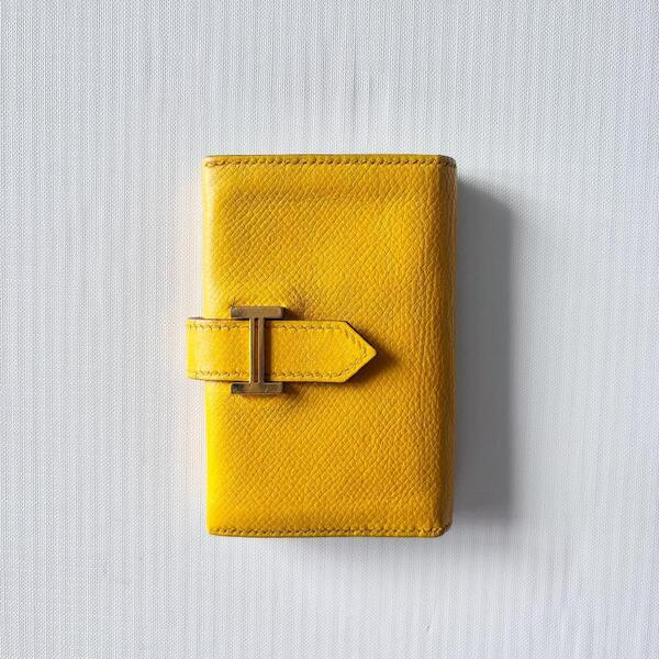 入手困難 良好 美品『エルメス HERMES』べアンミニ ヴォーエプソン イエロー 黄色 カードケース □Q刻印 2013年モデル