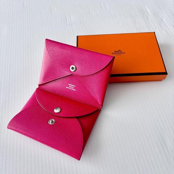 美品『エルメス HERMES』カルヴィデュオ シェーブルシャムキラ ローズエクストリーム ピンク カードケース コインケース W刻印