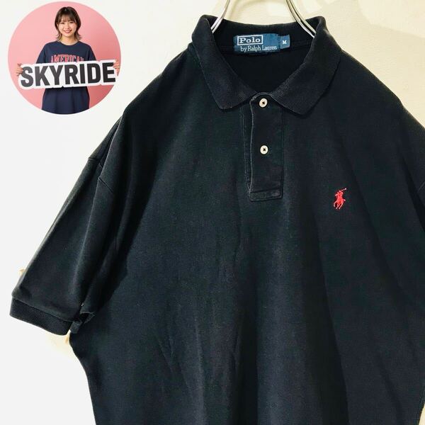【美品】Polo Ralph Lauren ポロラルフローレン メンズ 90s オールドタグ ヴィンテージ ポニーロゴ刺繍 ポロシャツ 黒 M 古着 #TT0206