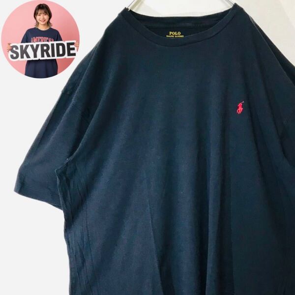 【美品】POLO RALPH LAUREN ポロラルフローレン メンズ ワンポイントロゴ ポニー刺繍 ビッグシルエット Tシャツ ブラック 2XL 古着 #TT0210