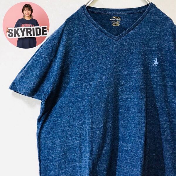 美品 Polo Ralph Lauren ポロラルフローレン ワンポイントロゴ ポニー刺繍 メンズ Vネック Tシャツ ネイビー L 古着 #TT0212