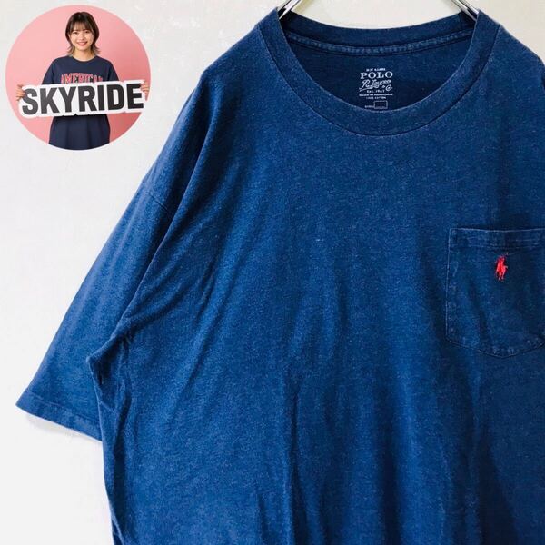 【美品】POLO RALPH LAUREN ポロラルフローレン メンズ ビッグシルエット ワンポイントロゴ ポニー刺繍 90's Tシャツ ネイビー XL #TT0217