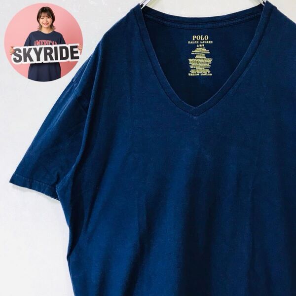 【美品】POLO RALPH LAUREN ポロラルフローレン メンズ ワンポイントロゴ ポニー刺繍 00s VネックTシャツ ネイビー L #TT0225