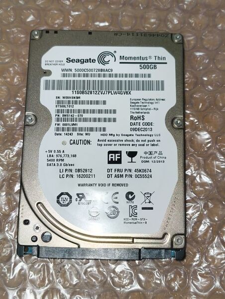 2.5インチ内蔵 SATA ハードディスク 7mm 500GB Seagate ST500LT012-9WS142 5400rpm HDD