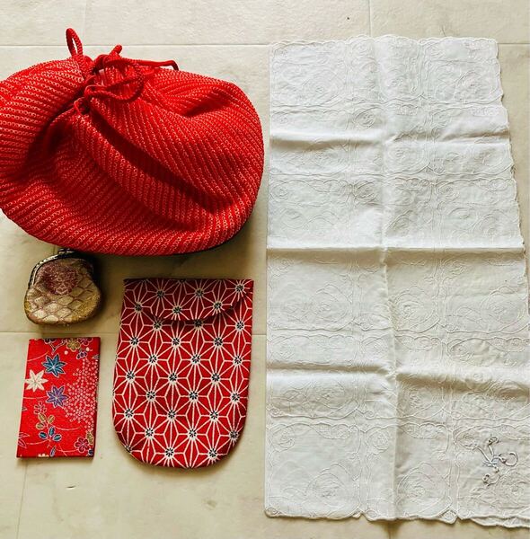 未使用保管品 和装小物 4点セット 巾着袋 バッグ がま口 財布 小物入れ 成人 キッズ 日本製 着物 浴衣 夏祭り