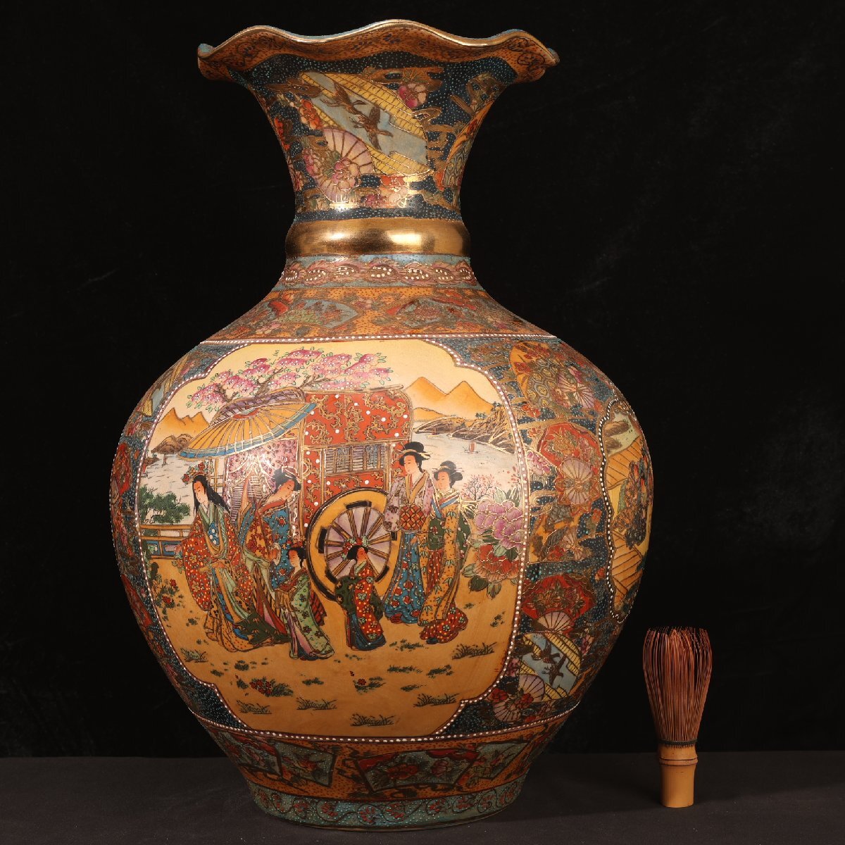 骨董品 薩摩 金彩 色絵 鶴 花瓶 壺