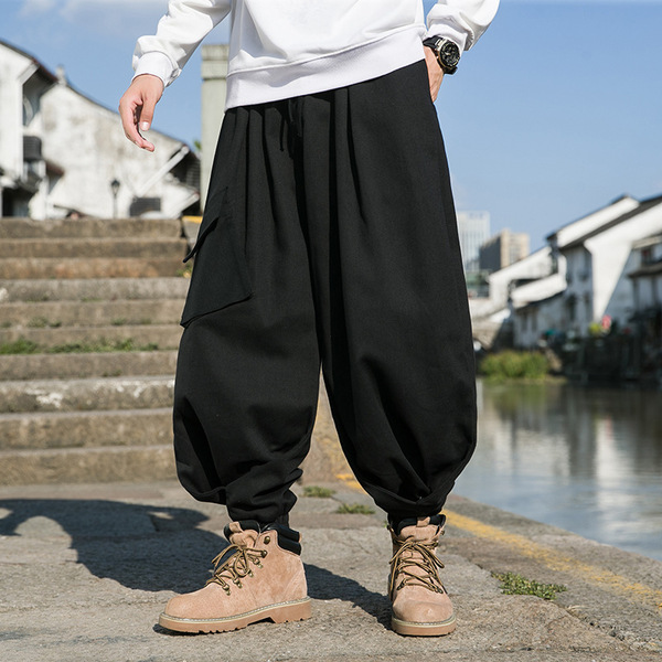 サルエルパンツ メンズ ワイドパンツ XLサイズ ロングズボン ゆったり 綿 麻 大きいサイズ おしゃれ 裾リブ オールシーズン ブラック 黒