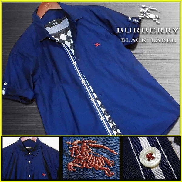 希少Lサイズ!極上の逸品!ストライプアクセント 半袖 シャツ ロールアップ▼バーバリーブラックレーベル BURBERRY BLACK LABEL