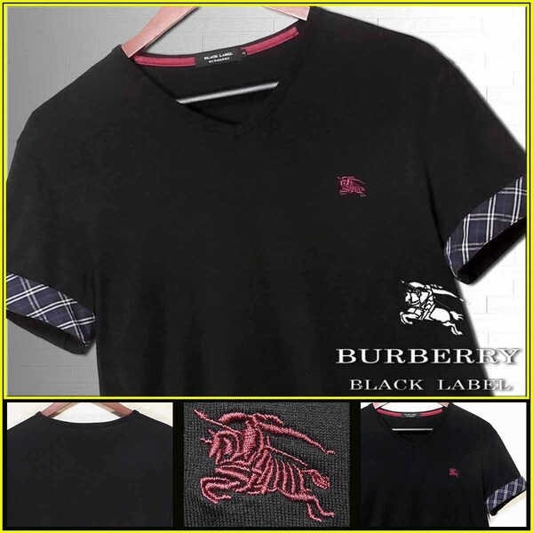 希少L!極上逸品!BIGナイト刺繍 ブラック×袖先裏チェック 半袖 Tシャツ▼バーバリーブラックレーベル BURBERRY BLACK LABEL