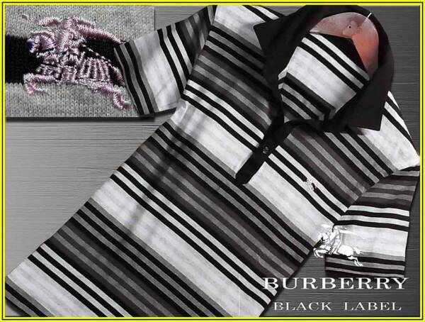 極美品!希少L!大人気のボーダーライン ポロシャツ 日本製 ナイト刺繍入▼バーバリーブラックレーベル BURBERRY BLACK LABEL