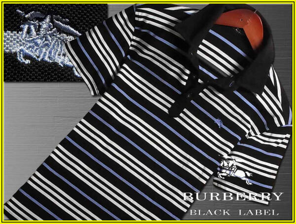 極美品!希少L!ノバチェックライン ボーダー ブラック ポロシャツ ナイト刺繍入▼バーバリーブラックレーベル BURBERRY BLACK LABEL