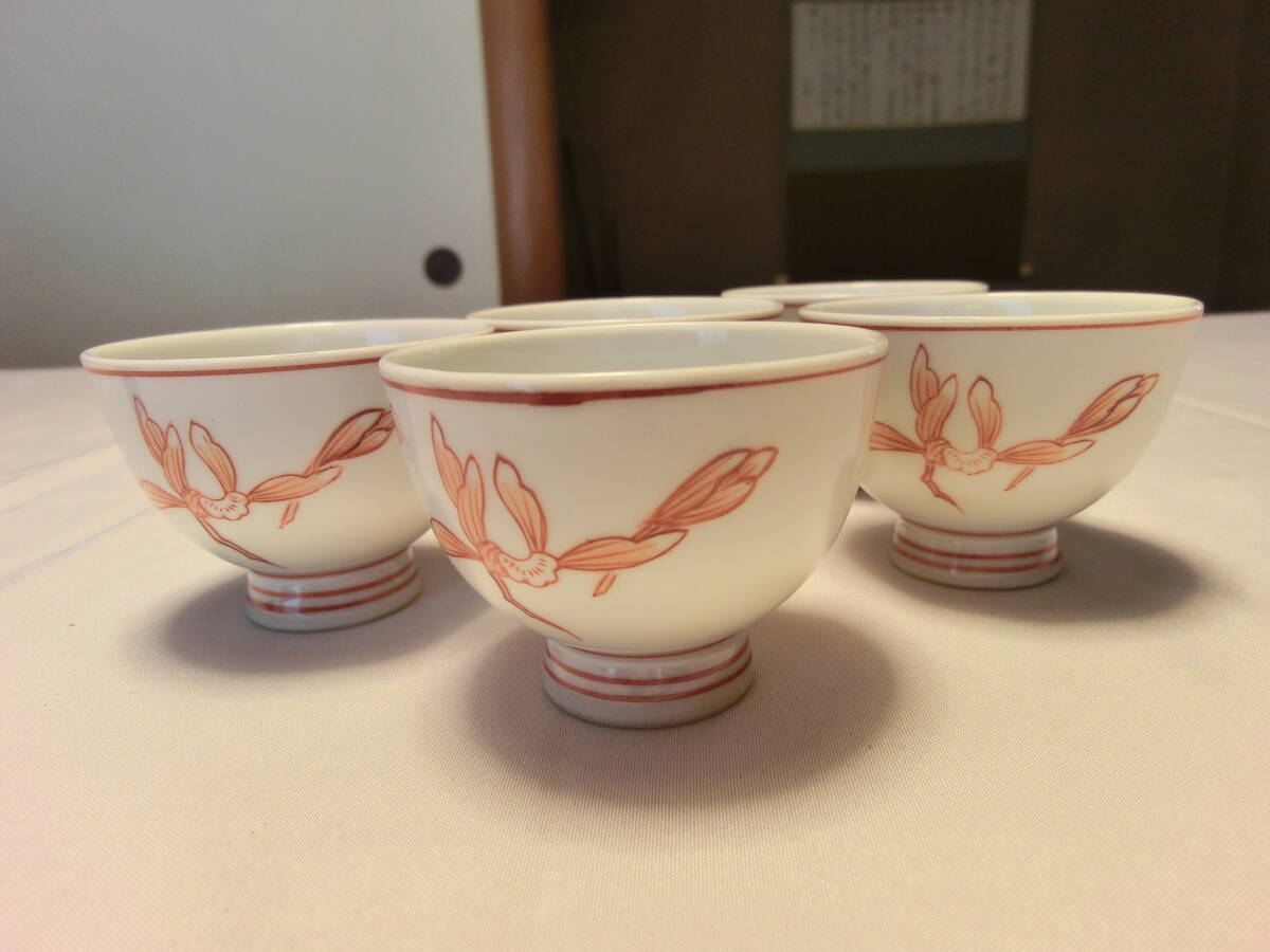 茶道具　赤絵　古玩　彩絵　煎茶碗　5客 BL3-8 九谷焼 大日本九谷 北秀製 赤絵金彩 煎茶碗 五客 時代箱付 D
