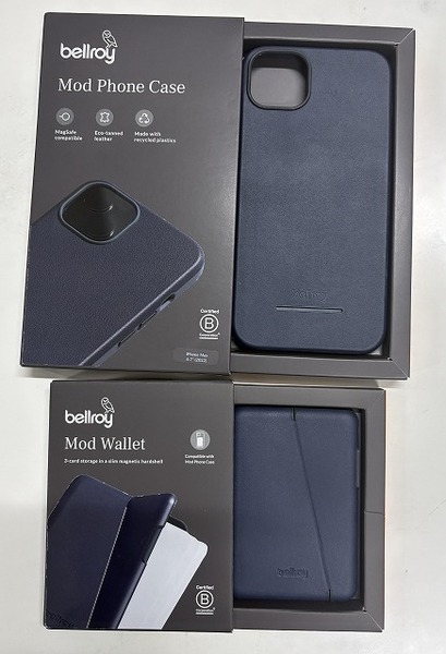 中古美品:ベルロイ iPhone14 Plus レザーケース + カードケース(マグネット,3枚入る)Bellroy Mod Phone Case + Mod Wallet
