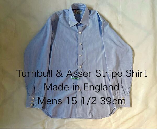 英国製 Turnbull & Asserターンブル&アッサー ブルー ストライプ メンズ15 1/2長袖 シャツ ビンテージ イギリスcharvetシャルべvintage