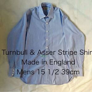 英国製 Turnbull & Asserターンブル&アッサー ブルー ストライプ メンズ15 1/2長袖 シャツ ビンテージ イギリスcharvetシャルべvintage