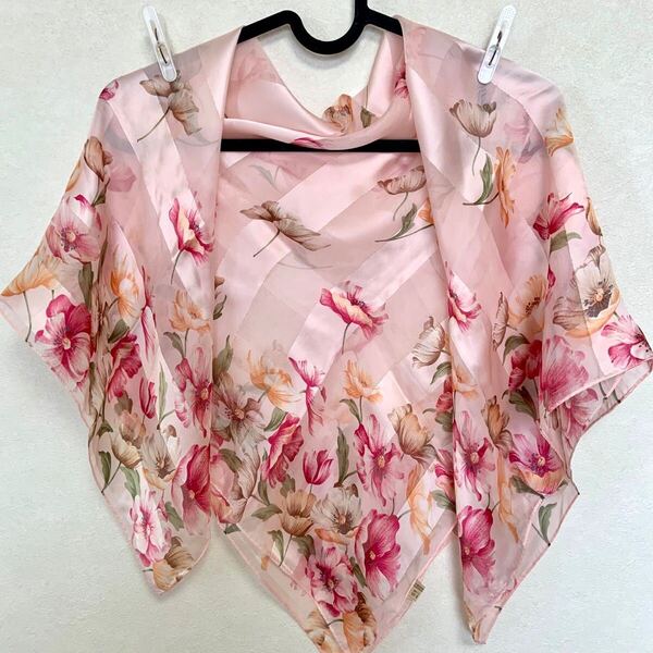 Vent Vert PIERRE BALMAIN ピエールバルマン シルク100% 大判スカーフ 約86×87cm 花柄 ピンク系 SILK 絹 スカーフ 未使用保管品