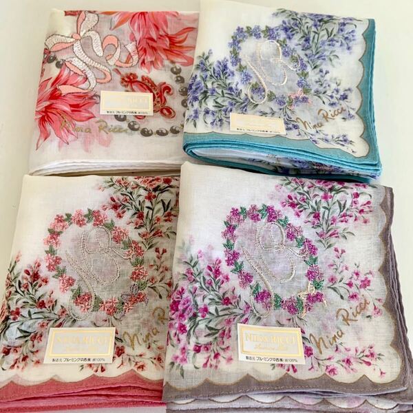 未使用 ニナリッチ NINA RICCI 大判 ハンカチ 4枚セット 花柄 刺繍入 綿100% レディース ハンカチーフ ブルーミング中西 まとめ売り