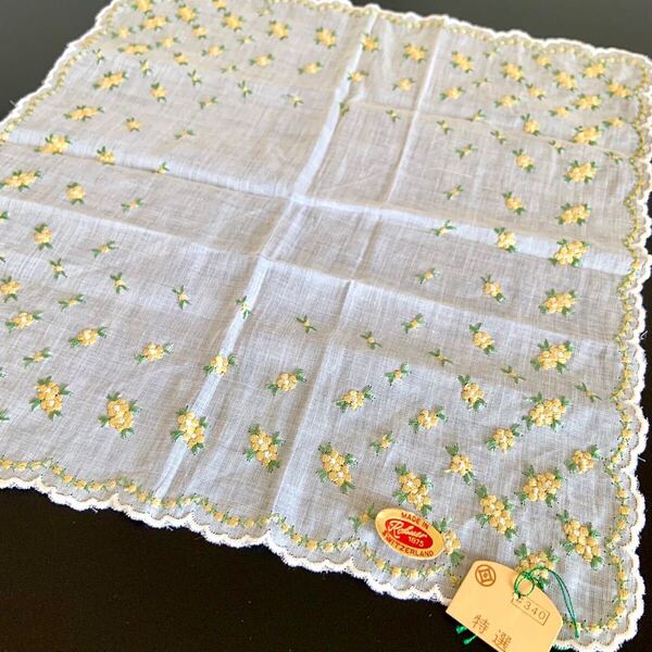 未使用 スイス製 Rohner 1875 特選 ハンカチ 花柄 刺繍 ホワイト系 MADE IN SWITZERLAND