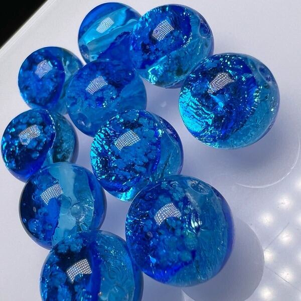 ミヤコマリン 14mm 10個セット 蓄光 ホタルガラス とんぼ玉 とんぼガラス 沖縄宮古島