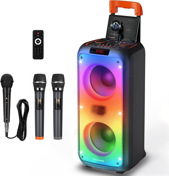 カラオケセット 家庭用 ワイヤレスマイク スピーカーセット 拡声器 充電式 6000mAh大容量, TF/USB/AUXに対応 LEDモード PAセット