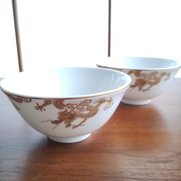 未使用 NIKKO ドラゴン柄 スープボウル ペア 2個セット 湯呑み ティーボウル お茶碗 NOVEL DRAGON 茶碗 陶器 小鉢 飯碗 金縁 金彩 中華風