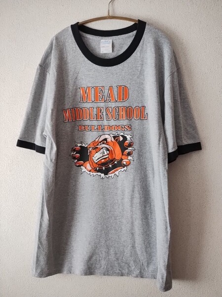 ブルドッグ柄 リンガーTシャツ カレッジロゴ イラスト 犬プリント 杢グレー アメカジ USED 半袖Tシャツ 古着 PORT&COMPANY ヴィンテージ