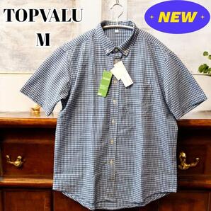 新品 M ストレッチ 吸汗速乾 ドライ ストレッチ 涼しい メンズ サッカー 半袖 シャツ ブルー チェック イオン トップバリュ