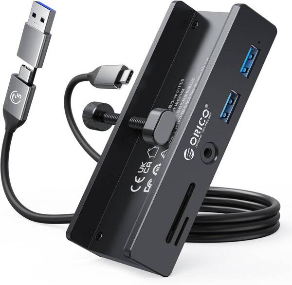 OY151 ORICO USB-Cハブ クランプ式 5ポート(TF/SDカードリーダー、USB-A×2、3.5mmオーディオ) 5Gbps高速転送 USB-C ブラック