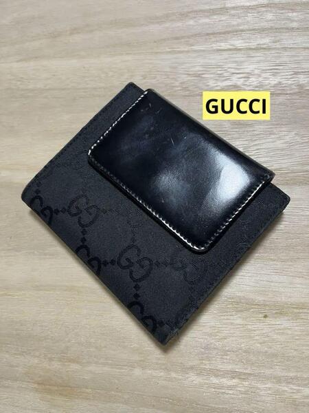 GUCCI グッチ GG柄 二つ折り財布 ブラック レザー×キャンバス