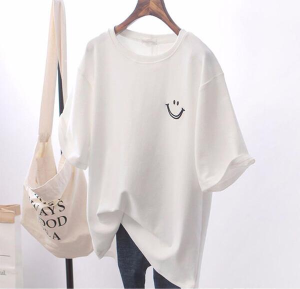 レディース Tシャツ 白 スマイル M 白T シンプル 可愛い 着痩せ 半袖