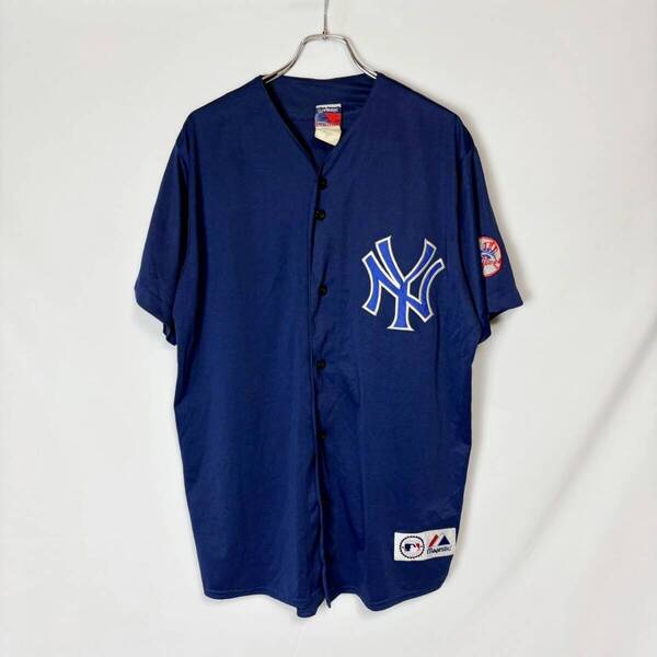 韓国製 90s Majestic MLB NY YANKEES Baseball Shirt マジェスティック メジャーリーグ ヤンキース ベースボールシャツ 半袖 ネイビー系 XL