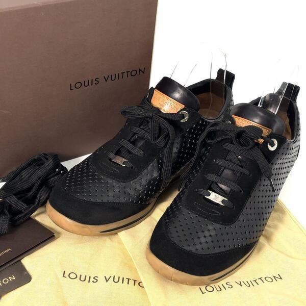 【美品】LV ルイヴィトン レザー パンチング スニーカー 黒 ヌメ革 ロゴ