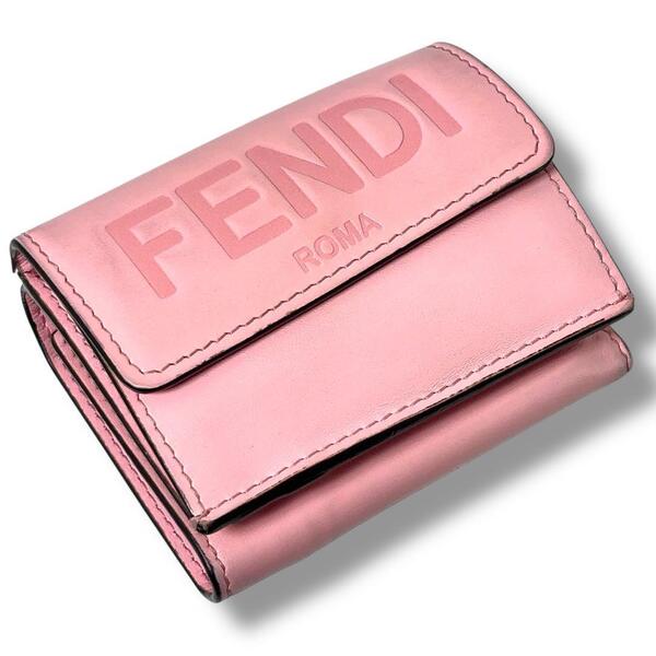 【美品】FENDI フェンディ 三つ折り財布 ロゴ レザー 革 ピンク