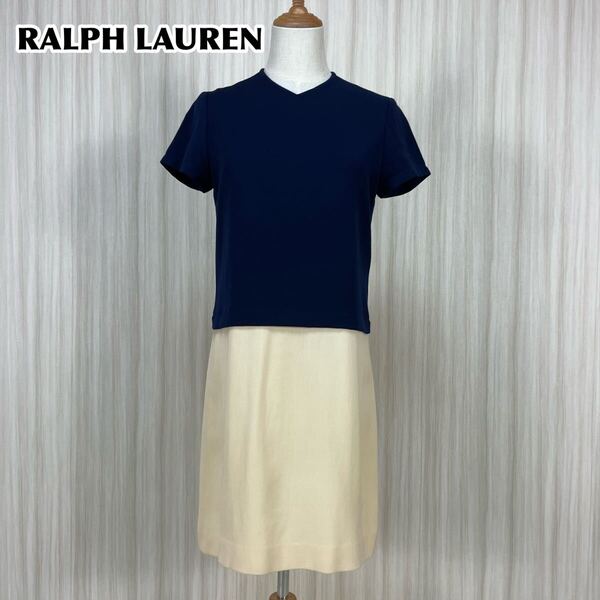 ☆美品☆RALPH LAUREN☆ラルフローレン ウール 半袖 バイカラーワンピース ひさ丈 サイズ9 切り替えし 裏地付 ネイビー × ベージュ 古着