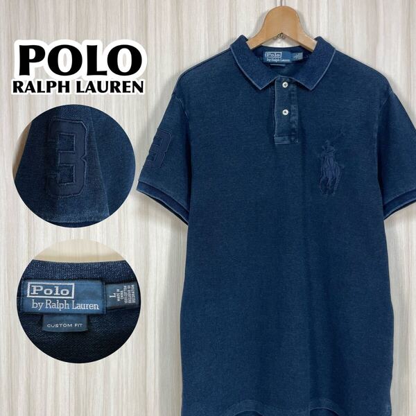 ☆希少☆POLO ポロバイラルフローレン 半袖ポロシャツ L インディゴ ビッグポニー 袖ゼッケン ロングテール 鹿の子生地 アメカジ 90s 古着