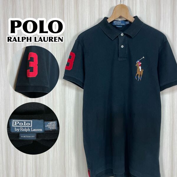 ☆希少☆人気カラー☆POLO ポロバイラルフローレン 半袖ポロ L ブラック 刺繍 ビッグポニー 袖ゼッケン ロングテール 鹿の子生地 90s 古着