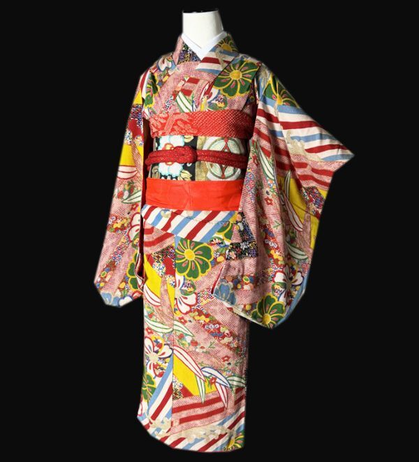 子供着物 型染め 花柄 ハーフ成人式 十三詣り 橙色 CK-7309