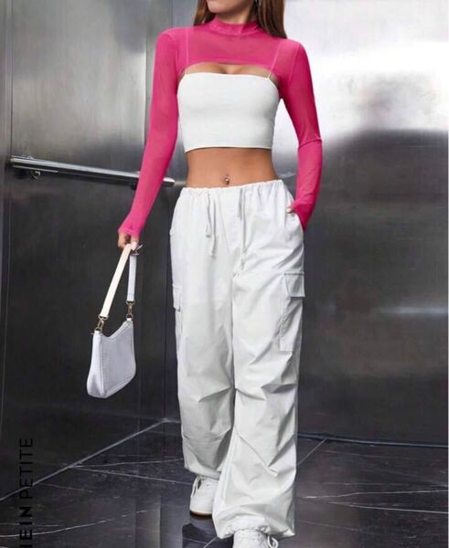 SHEIN ダンス衣装 メッシュ シアートップス 140 150 160 XS ビビットピンク 蛍光 ヒップホップ 発表会 ギャル KPOP シーイン 韓国