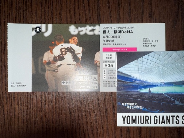 【シーズンシート】2025年 東京ドーム 6月29日(日) 6/29 読売巨人(ジャイアンツ) vs 横浜DeNA 1階3塁側 オーロラシートB