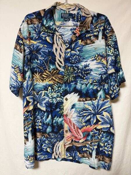 90s Ralph Lauren ラルフローレン オープンカラー 開襟 半袖 シャツ アロハ柄 ハワイアン レーヨン アロハシャツ Lサイズ