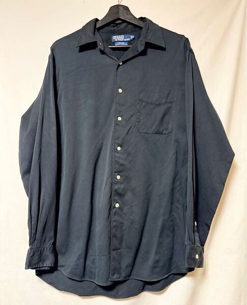 90s ラルフローレン RALPH LAUREN 開襟シャツ MARLOWE 長袖シャツ コットンシルク Mサイズ ブラック 黒 長袖コットンシャツ
