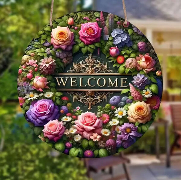 ■新品■木製プレート【看板】雑貨 オブジェ【WELCOME 薔薇】№131【円形】インテリア ガーデニング オーナメント 壁掛け ガーデン