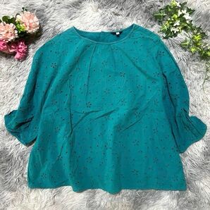 ALPHA CUBIC 刺繍 ブラウス 【3L相当】ターコイズブルー 七分袖